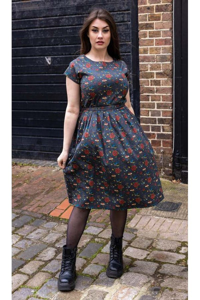 Retro Tattoo Tea Dress Mørkegrå